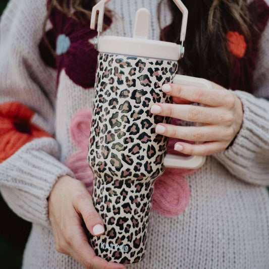 Brown Leopard Metal Tumbler with Lid Handle: Brown