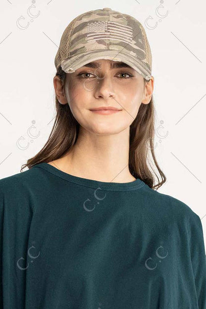 C.C American Flag Embroidery Camo Baseball Cap: Olive