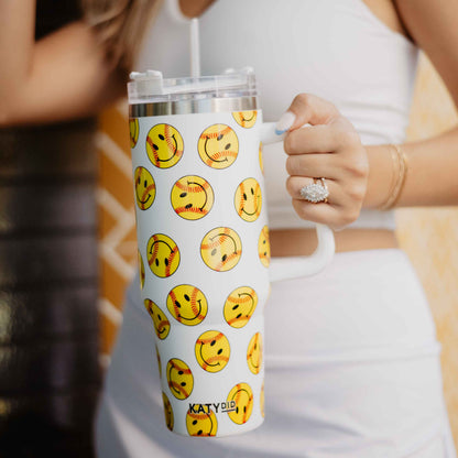 Softball Happy Face 40 Oz Tumbler: White