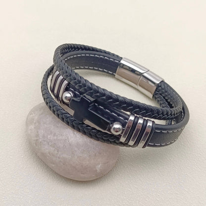 Stone Cross Charm 3 Layer Leather Men's Bracelet - MJ/BC: A