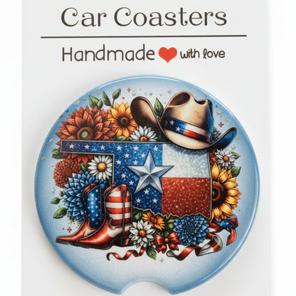 Decorative car coaster with floral and flag design on a white background