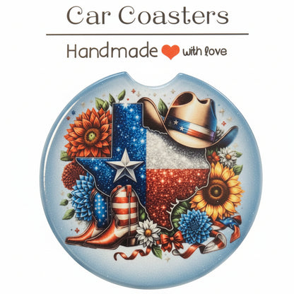 Decorative coaster with floral and star design on a card labeled 'Car Coasters Handmade with Love'.