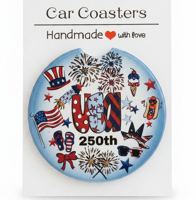 Decorative car coaster with 4th of July theme on a gray background