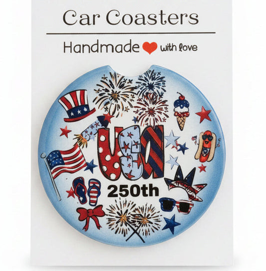 Decorative car coaster with 4th of July theme on a gray background