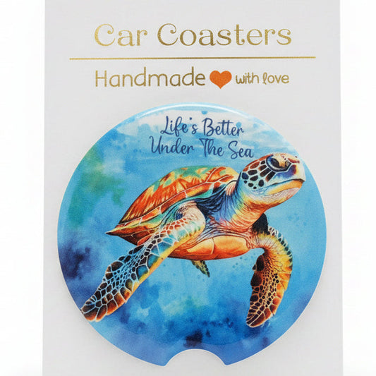 Car coaster with turtle design and 'Car Coasters' branding on a dark surface