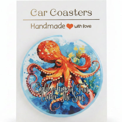 Car coaster with octopus design on a textured surface