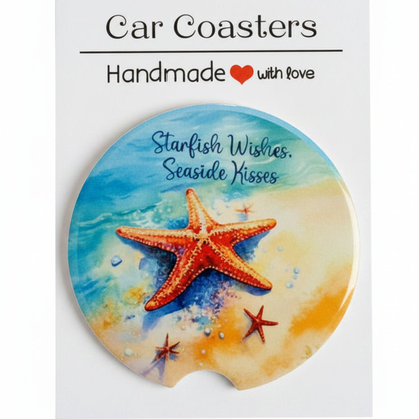 Car coaster with starfish design on a gray surface
