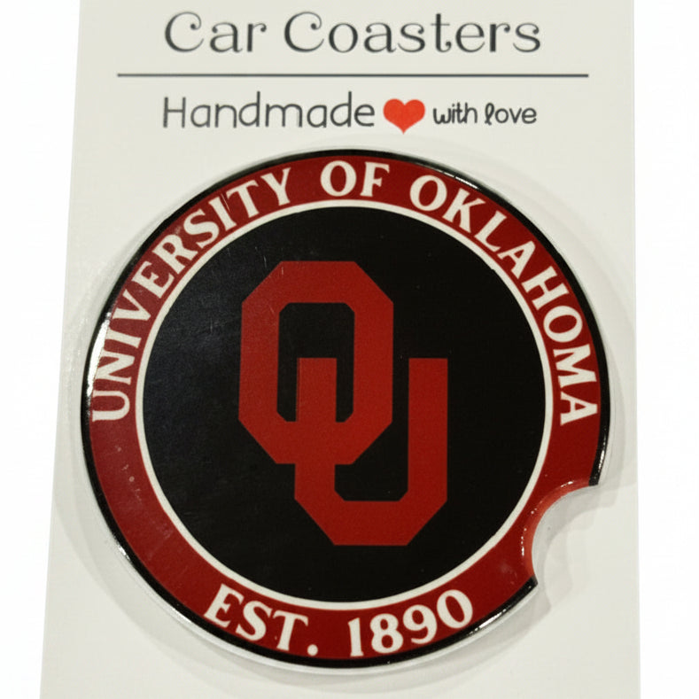 University of Oklahoma sticker on a white card with 'Car Coasters' branding