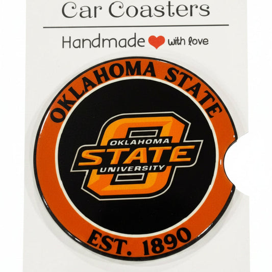 Car coaster with Oklahoma State University logo on a white card