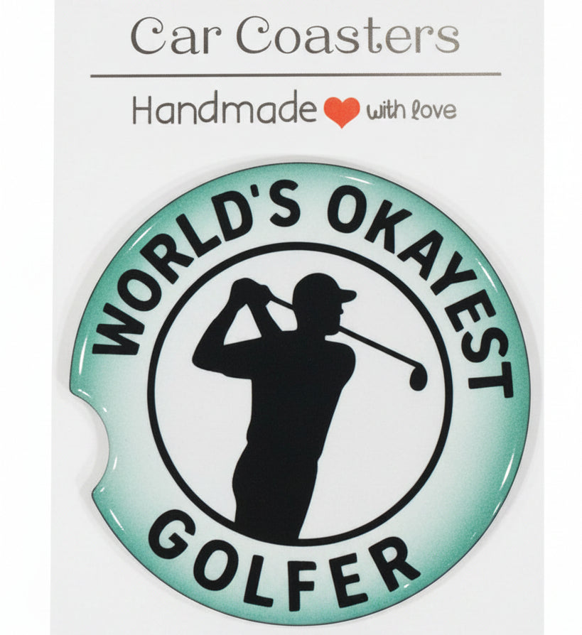 Sticker with a golf-themed design on a white card, featuring text and a silhouette of a cat playing golf.