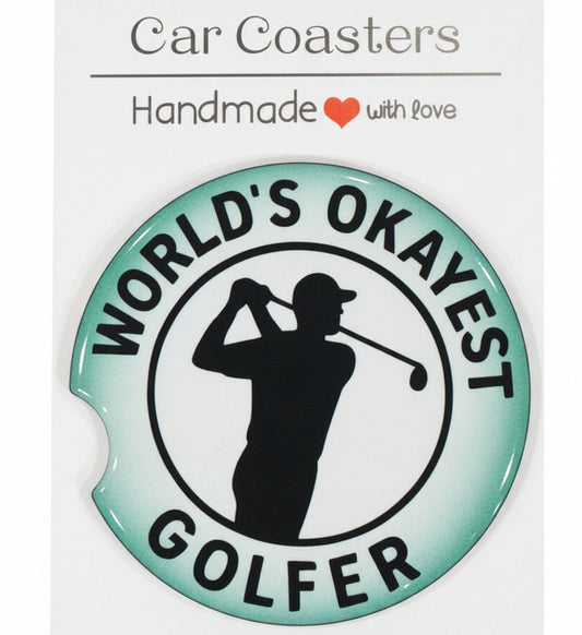 Sticker with a golf-themed design on a white card, featuring text and a silhouette of a cat playing golf.