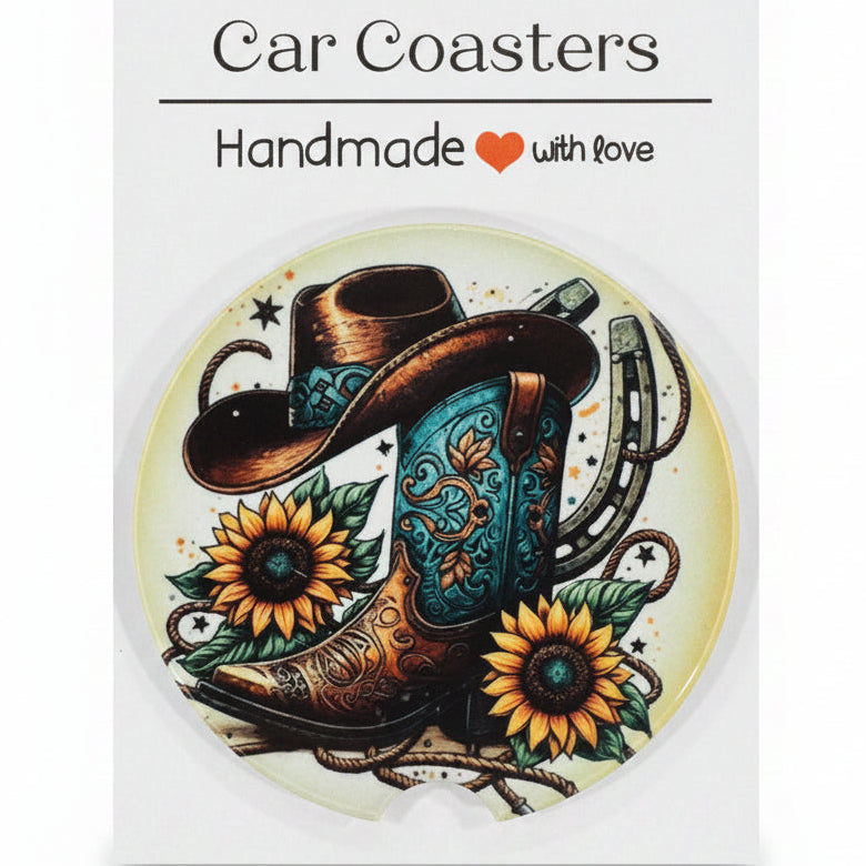 Decorative sticker with cowboy boot, hat, and sunflowers on a white backing card with 'Car Coasters' branding.