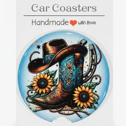 Car coaster with horseshoe, cowboy hat, and sunflower design on a wooden surface
