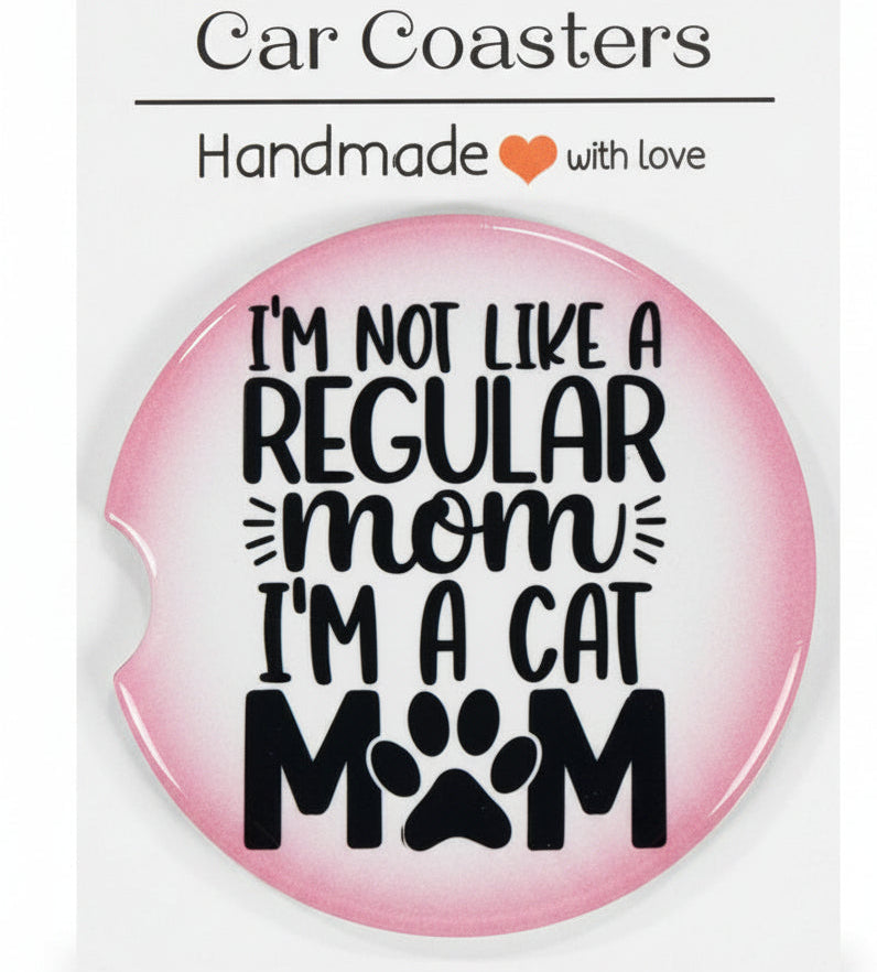 Car coaster with humorous text design on a white card