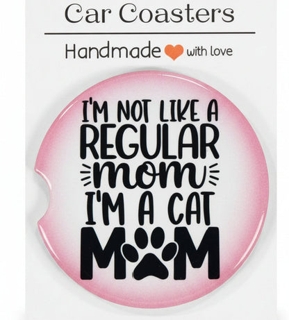 Car coaster with humorous text design on a white card