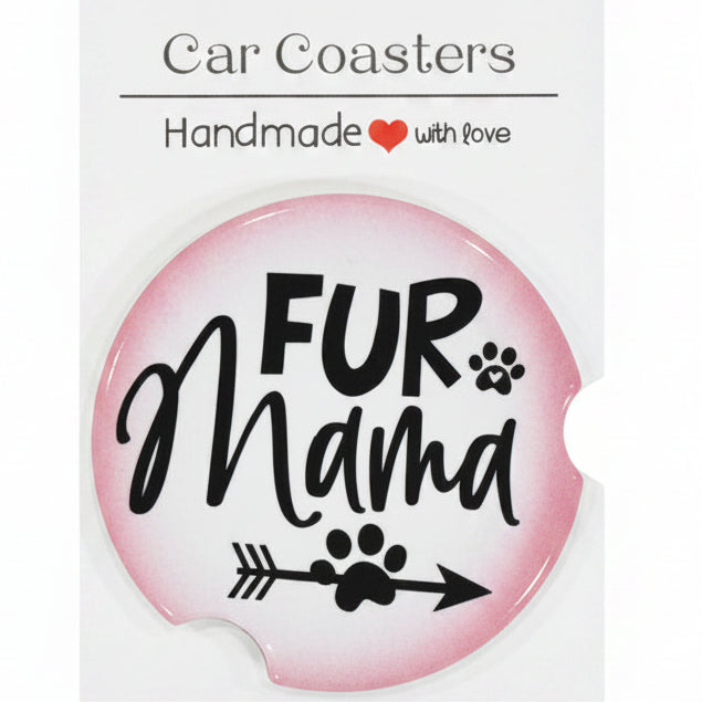 Car coaster with 'FUR Mama' text on a white card, placed on a wooden surface.