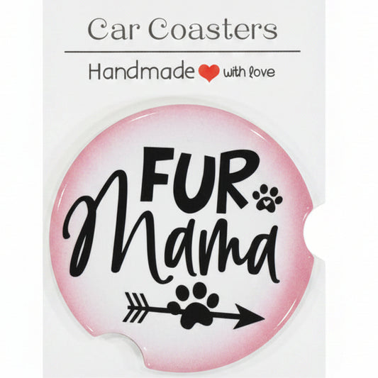 Car coaster with 'FUR Mama' text on a white card, placed on a wooden surface.