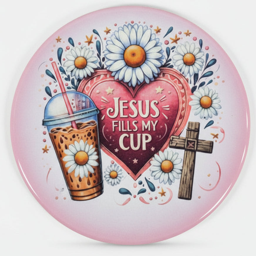 Car coaster with floral design and text on a white surface