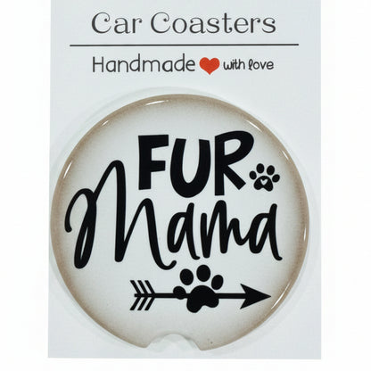 Car coaster with 'FUR Mama' text on a wooden surface