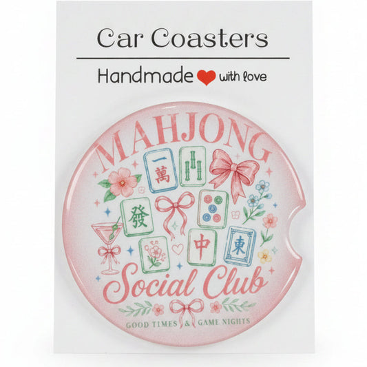 Car coaster with 'Mahjong Social Club' design on a wooden surface