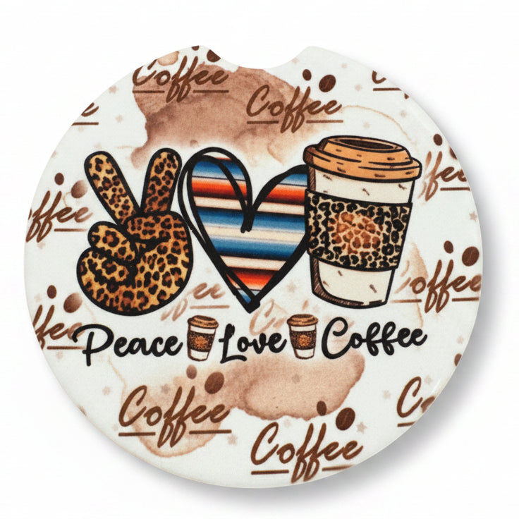 Decorative plate with coffee-themed design on a wooden surface