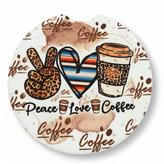 Decorative plate with coffee-themed design on a wooden surface