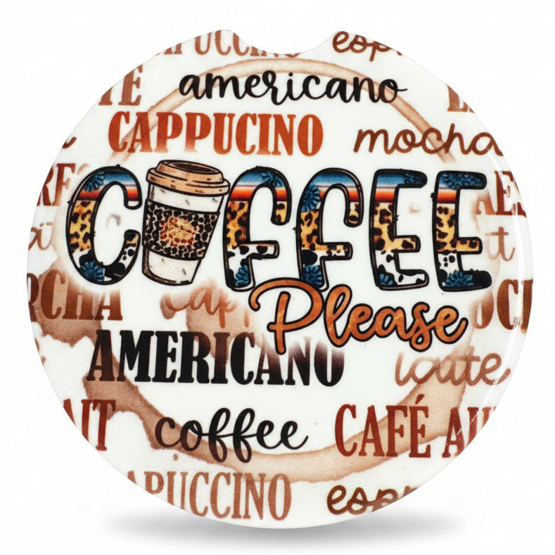 Decorative plate with coffee-themed text and graphics on a wooden surface