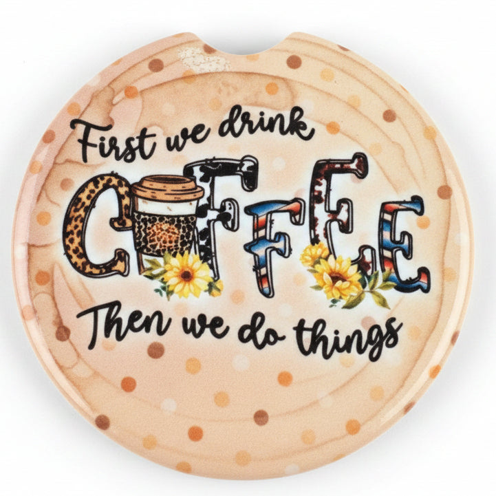 Decorative coaster with text and graphics on a wooden surface