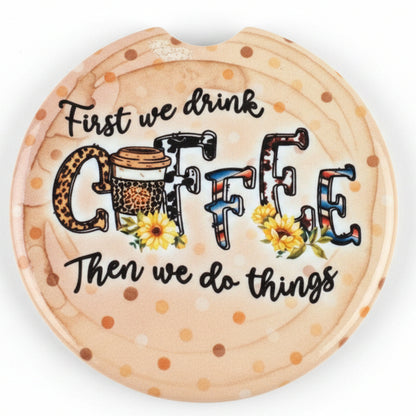 Decorative coaster with text and graphics on a wooden surface