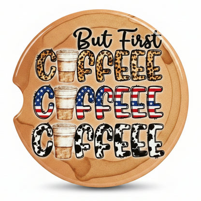 Round wooden coaster with 'But First Coffee' text on a wooden surface