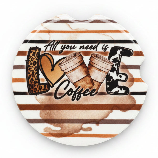 Round coaster with coffee-themed design on a wooden surface
