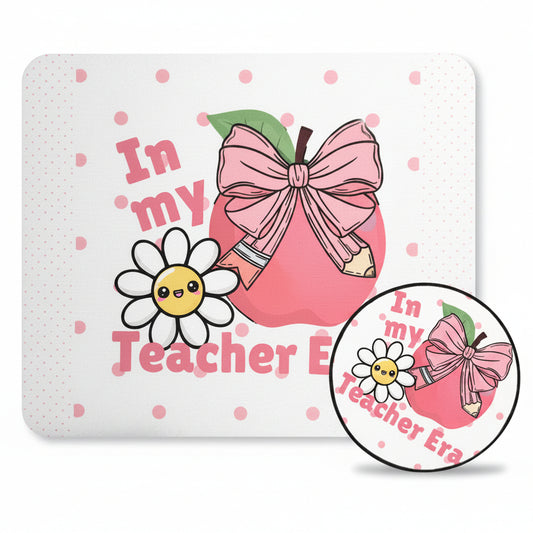 Mouse pad with apple, bow, and flower design on a polka dot background