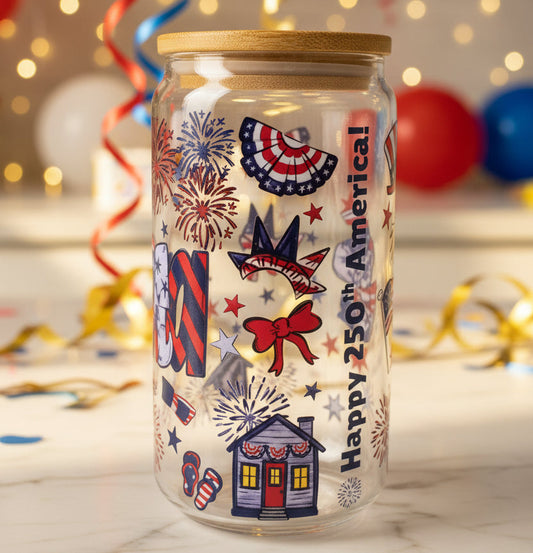 Decorative jar with patriotic design and wooden lid on a white background