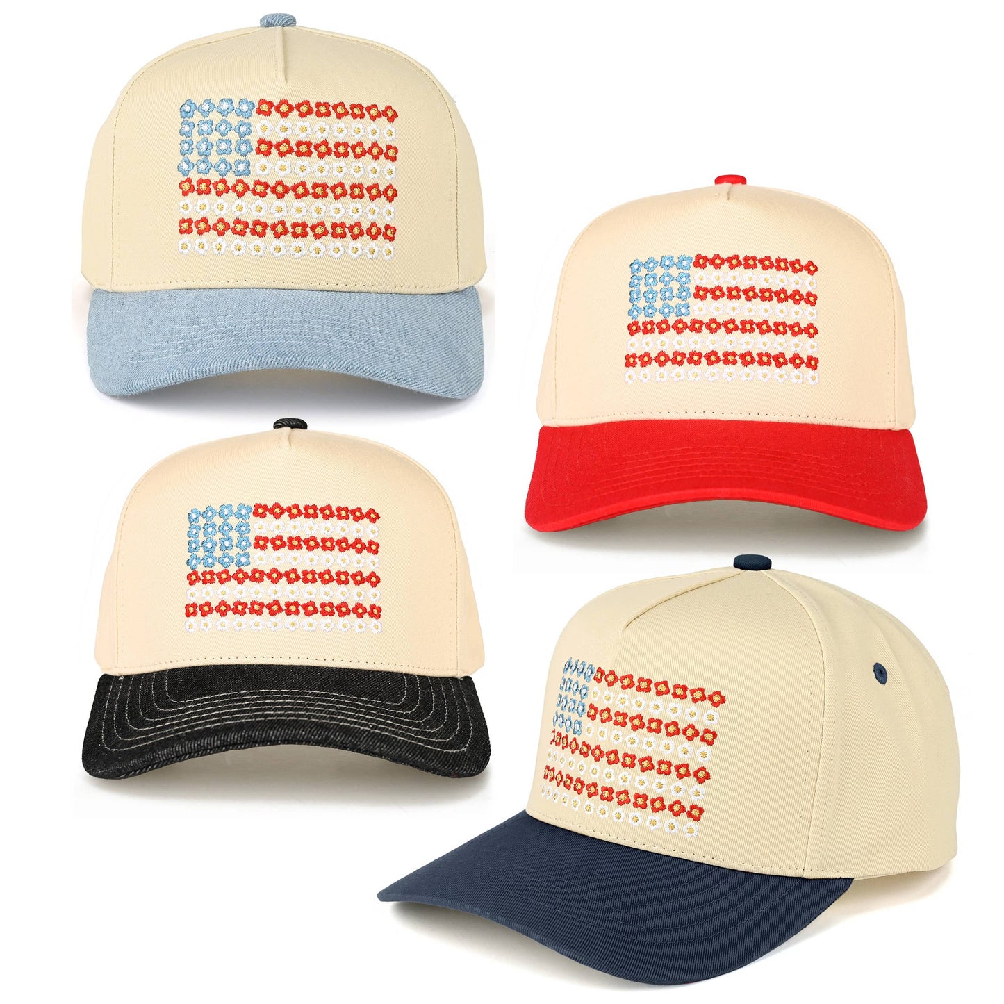 C.C Daisy Flower Pattern USA Flag Trucker Cap