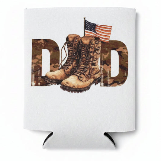 Koozie with military-themed design featuring boots and an American flag on a wooden surface