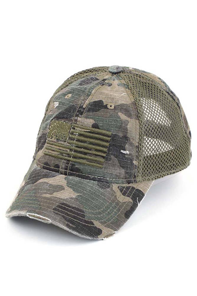 C.C American Flag Embroidery Camo Baseball Cap: Olive