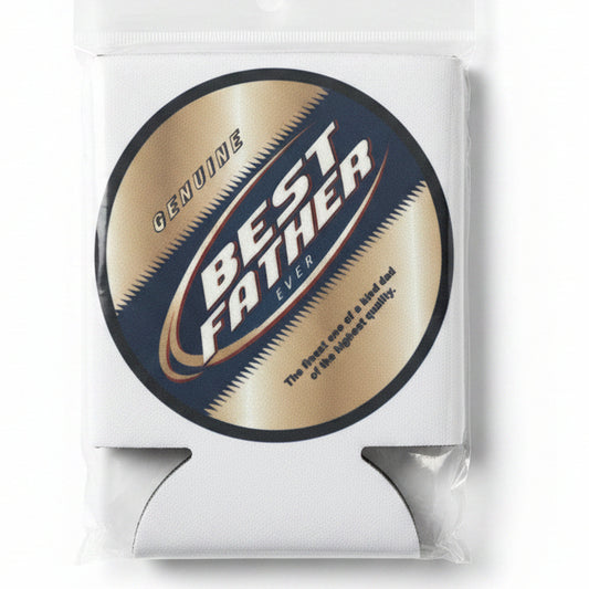 Coozie with 'Best Father Ever' text in a clear package on a black background