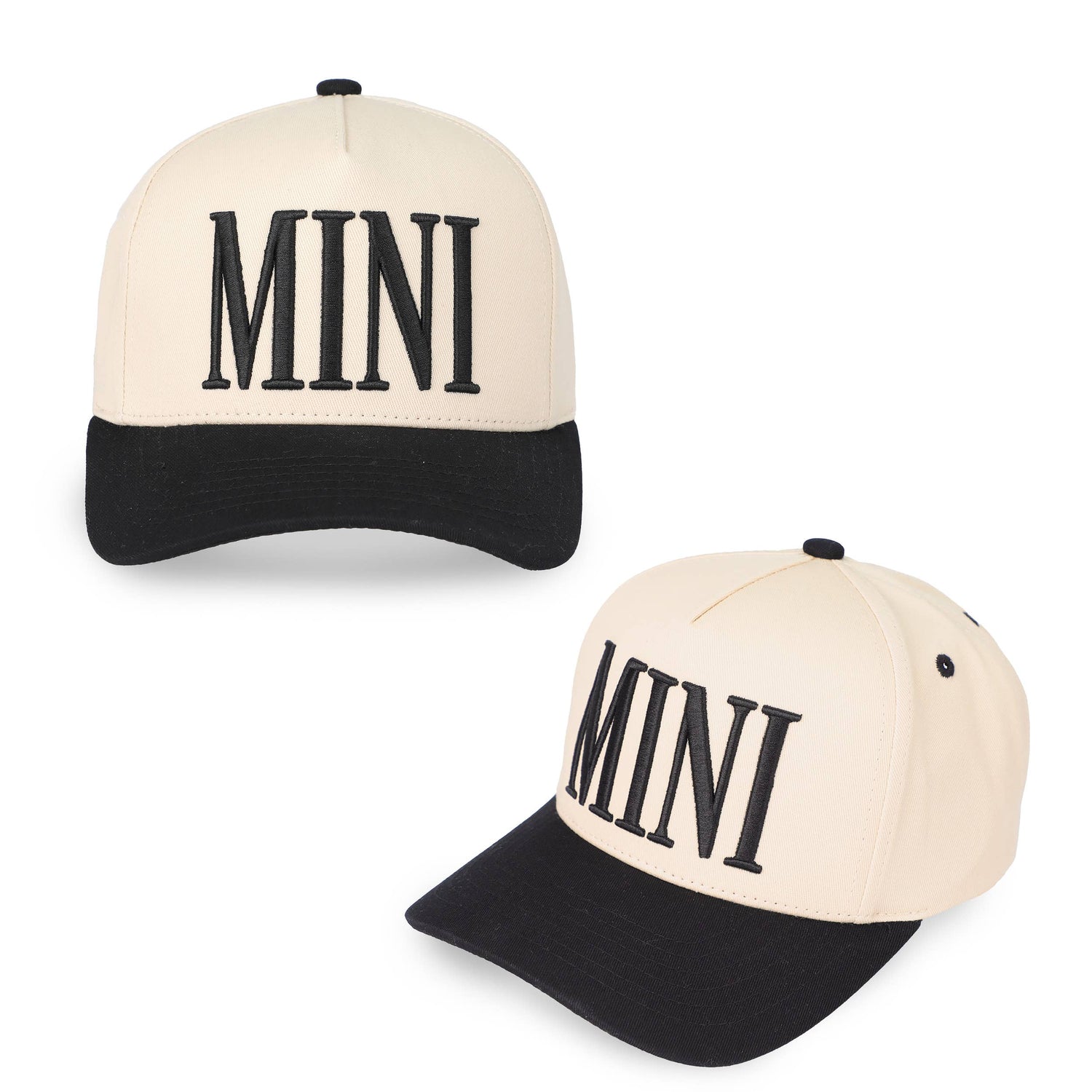 Two baseball caps with 'MINI' text on a white background