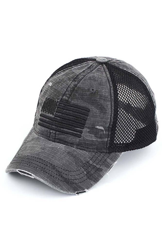 C.C American Flag Embroidery Camo Baseball Cap: Black