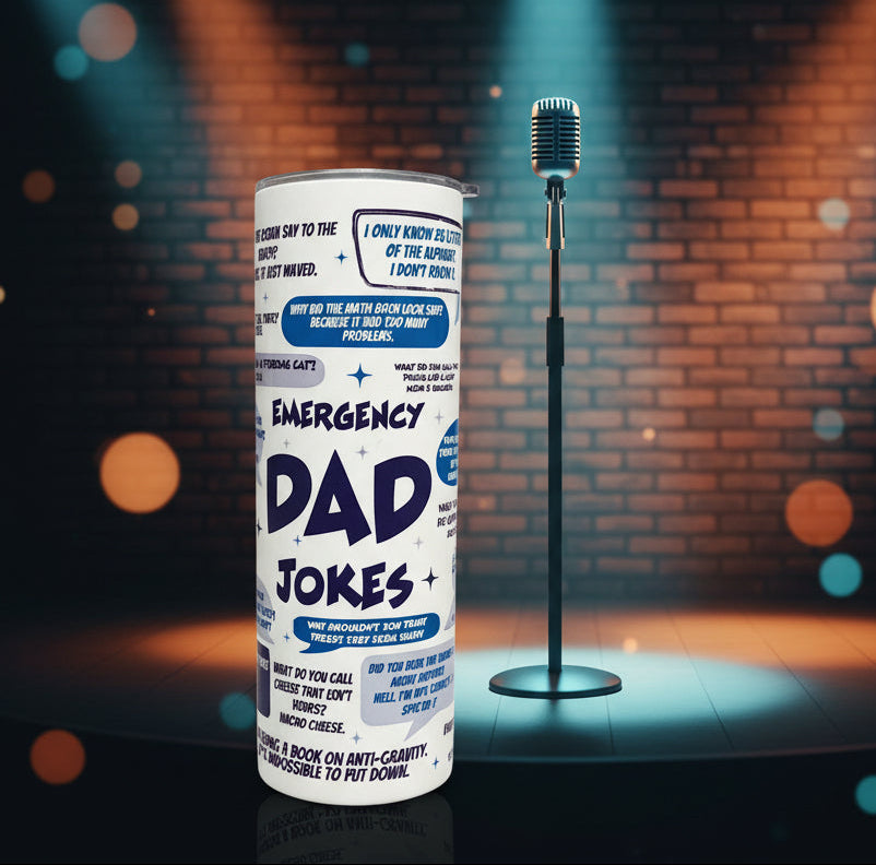 Tumbler with dad jokes on a countertop