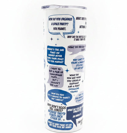 Tumbler with humorous text design on a countertop