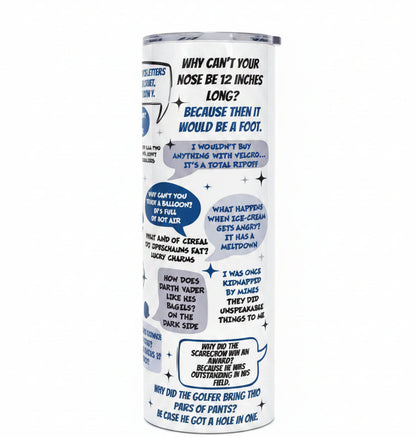 Tumbler with humorous text design on a countertop