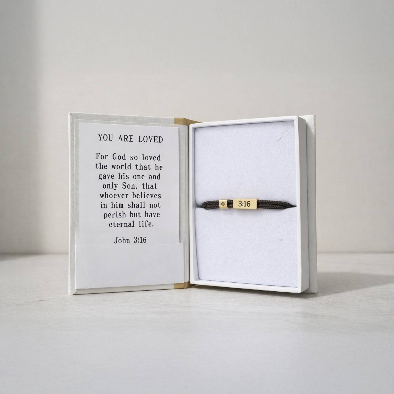 Open book with a pen inside, displaying a quote from John 3:16 on a white background.