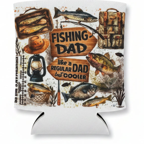 Fishing-themed product packaging with 'Fishing Dad' text and illustrations.