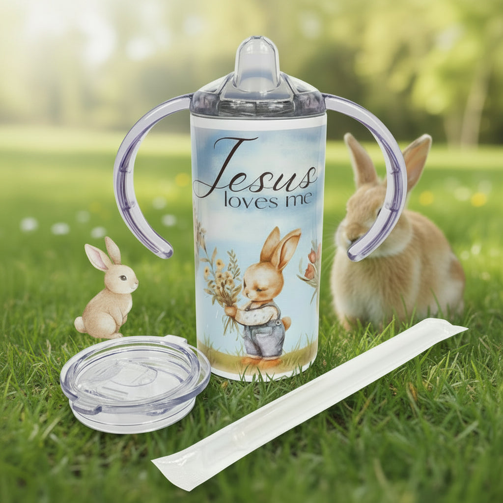 Jesus Loves Me Bunnies 12 oz. Stainless Steel Sippy Cup/Toddler Cup set