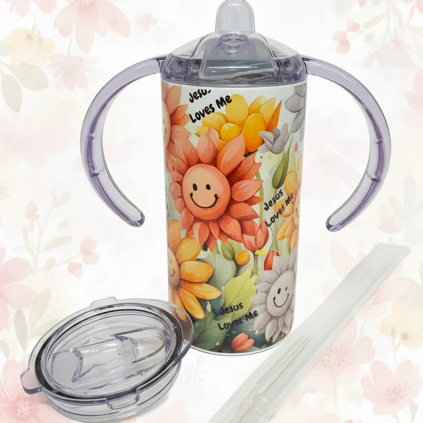 Jesus Loves Me Smiley Flowers 12 oz. Stainless Steel Sippy Cup/Toddler Cup set