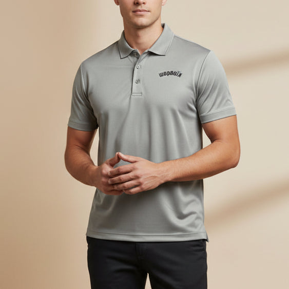 Gray polo shirt with a brand logo on a white background