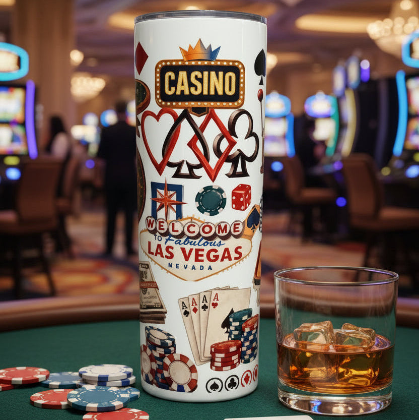 Tumbler with Las Vegas-themed design on a countertop