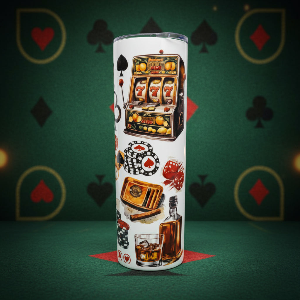 Tumbler with slot machine and poker-themed design on a wooden surface