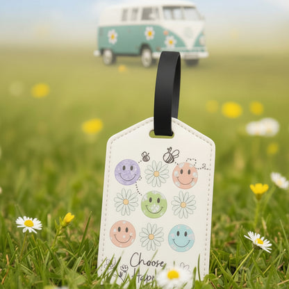 Luggage tag with smiley faces and flowers on a white background